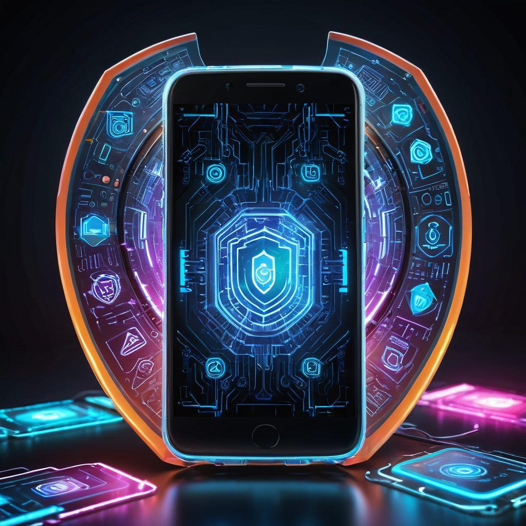 A futuristic smartphone with glowing shields and protective barriers surrounding it, symbolizing enhanced security. The background features a matrix of interconnected cyber tools and symbols representing internet technologies. The image should evoke a sense of advanced technology and protection. super-realistic. vibrant colors. 3D.