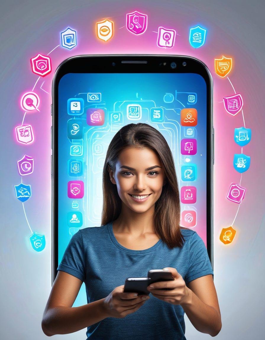 An individual confidently using a smartphone, shielded by a glowing digital barrier, with telemarketers and spam calls visibly being blocked away. The background should feature elements like internet services icons, locks, and security symbols signifying protection and privacy. super-realistic. vibrant colors. white background.